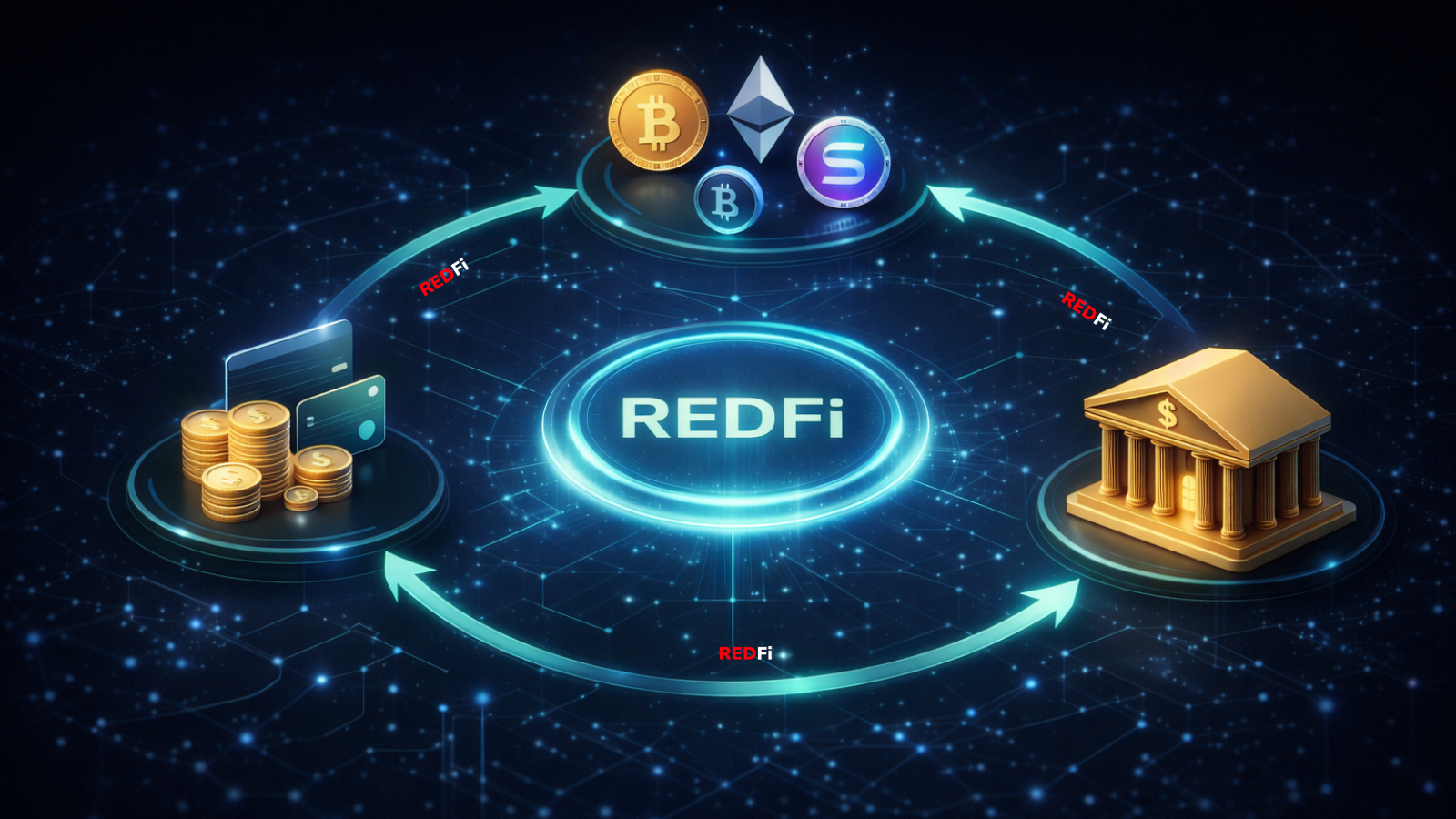 REDFi’s global reach in 117+ countries, highlighting secure settlement nodes for USDT and USDC across the Ethereum and Tron networks, connected to a central regulated banking hub.